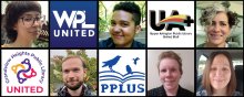 Logos for the organizing campaigns at Worthington, Grandview heights, Pickerington & Upper Arlington libraries, with photos of organizing committee members